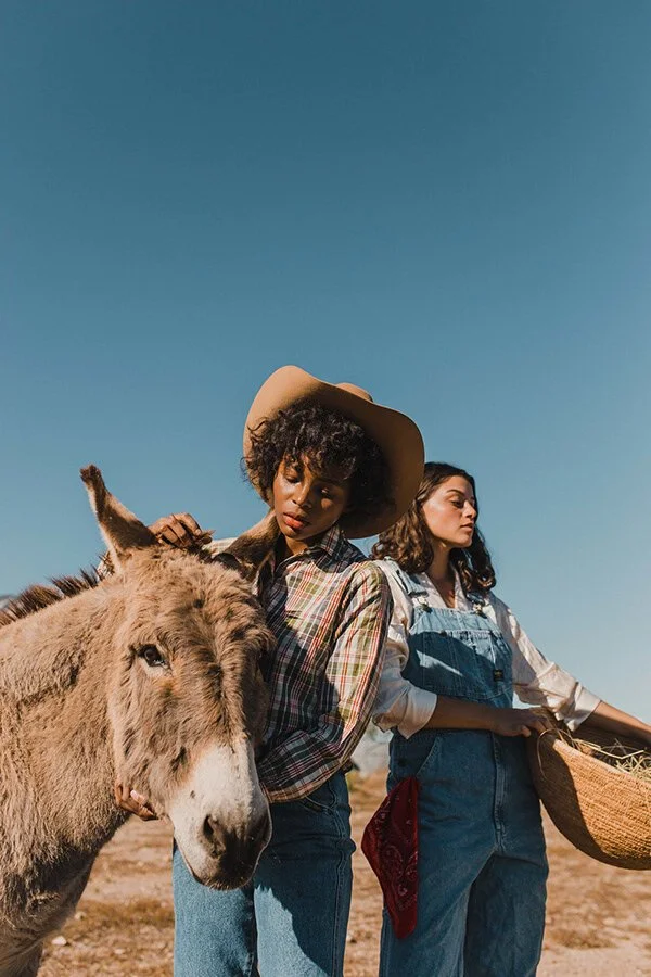 Raba Marfa campaign with two women and a donkey