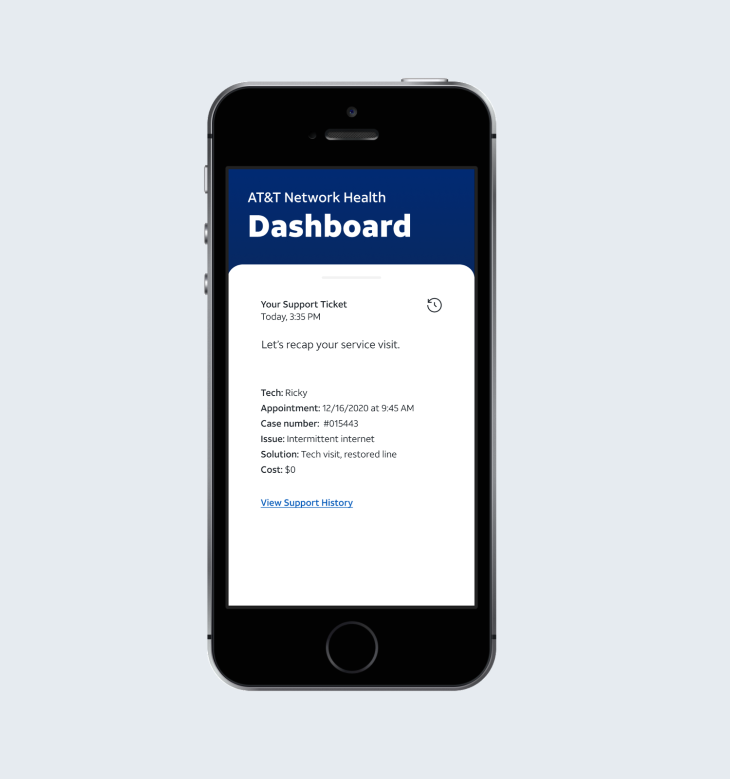 AT&T Network Health support ticket recap with technician, issue, solution, and service history