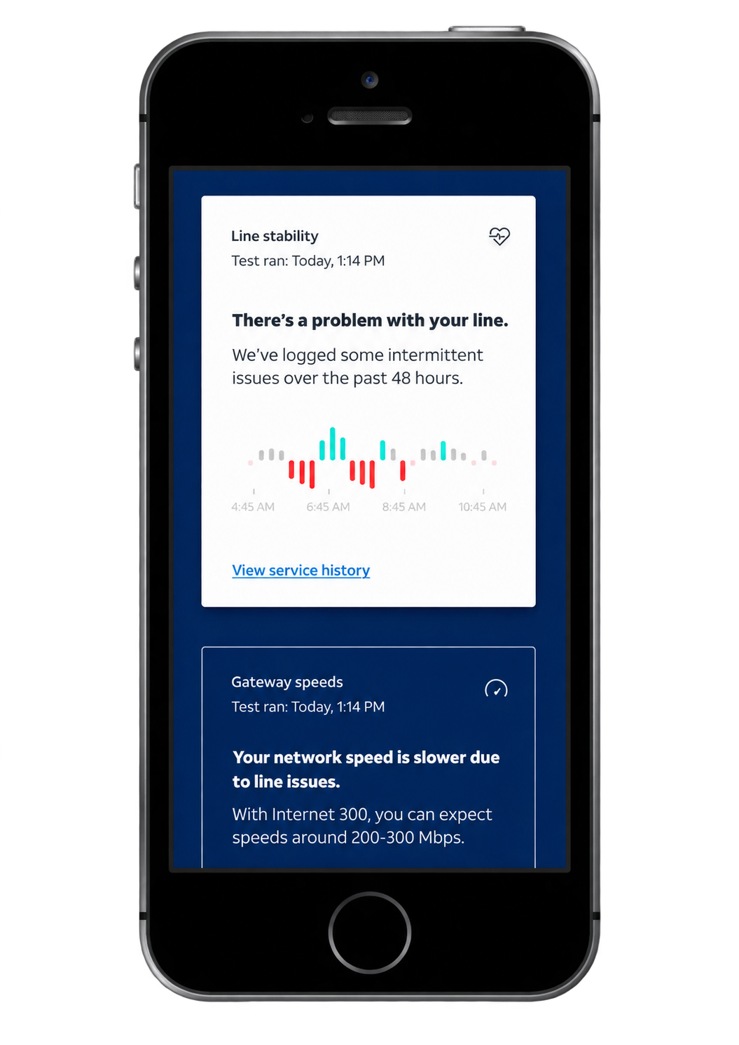 AT&T Network Health dashboard showing line stability and gateway speed diagnostics