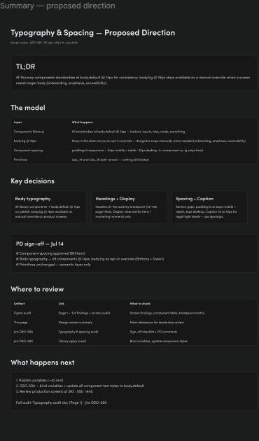 Typography and spacing proposed direction summary